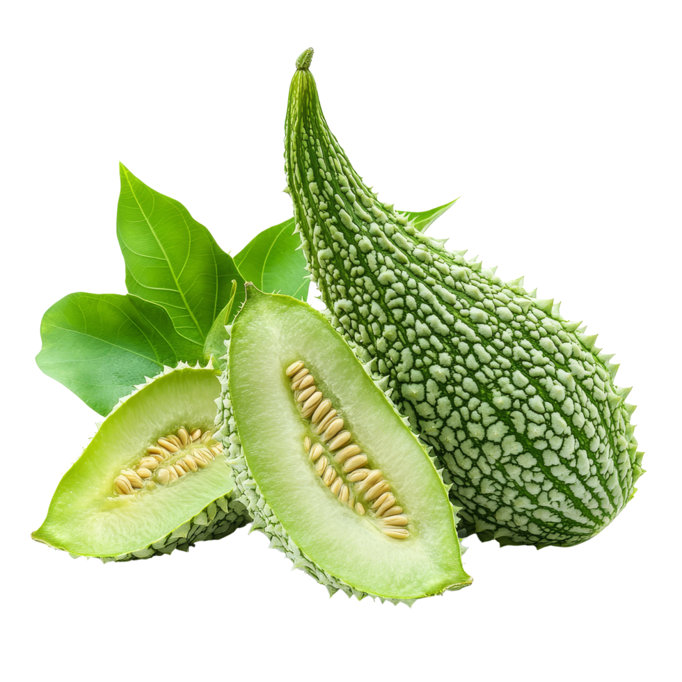 Bitter melon with green leaves on a bright transparent background showcasing its unique texture and shape, Bitter melon with leaf on transparent background png