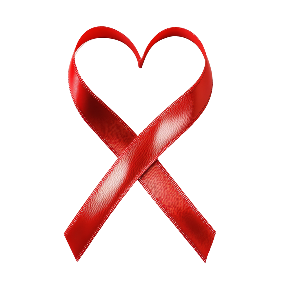 A heart shaped red ribbon isolated on a transparent background symbolizing love and affection, red ribbon with heart isolated on transparent background png
