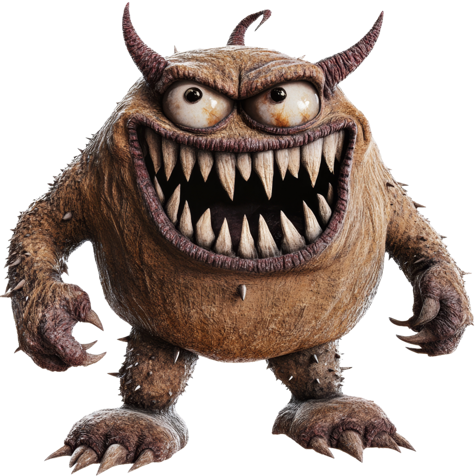 A terrifying monster with large teeth and fierce eyes stands menacingly against a transparent backdrop, ready to scare, Scary monster isolated on transparent background png