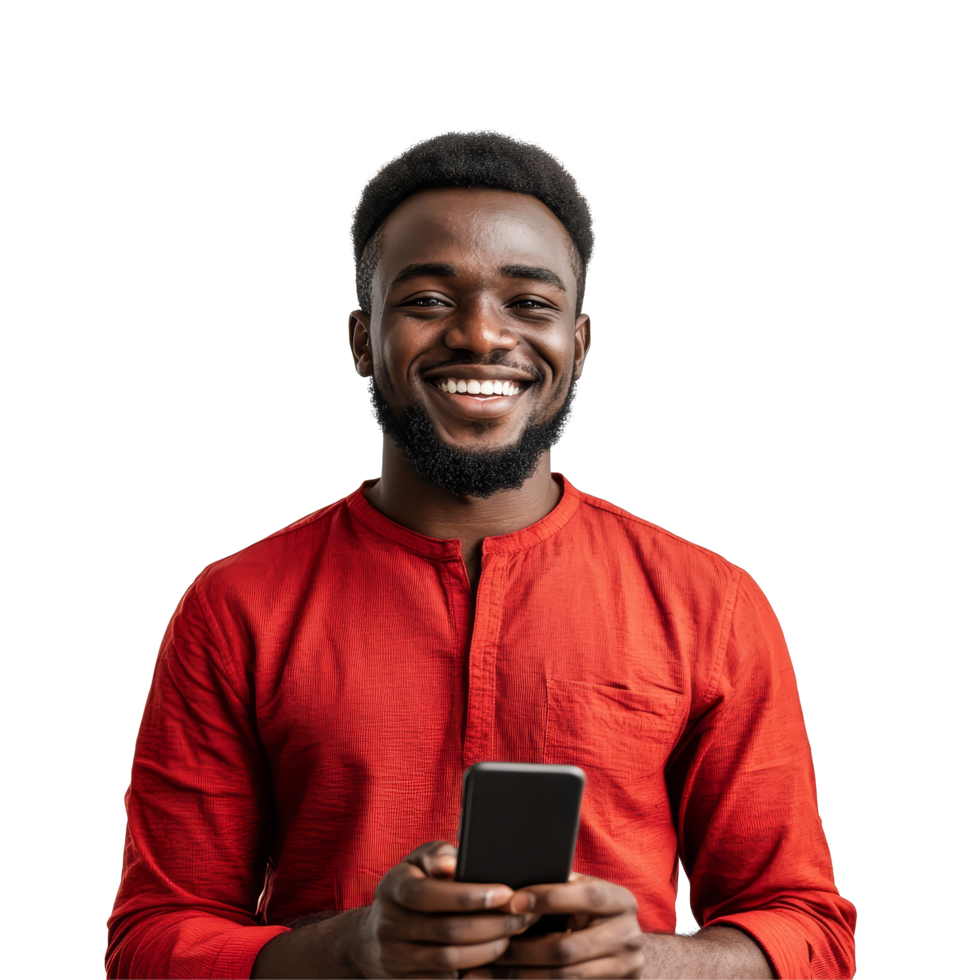 Smiling African man holds smartphone and looks cheerful in a bright setting, Smiling African Man With Phone on transparent background png