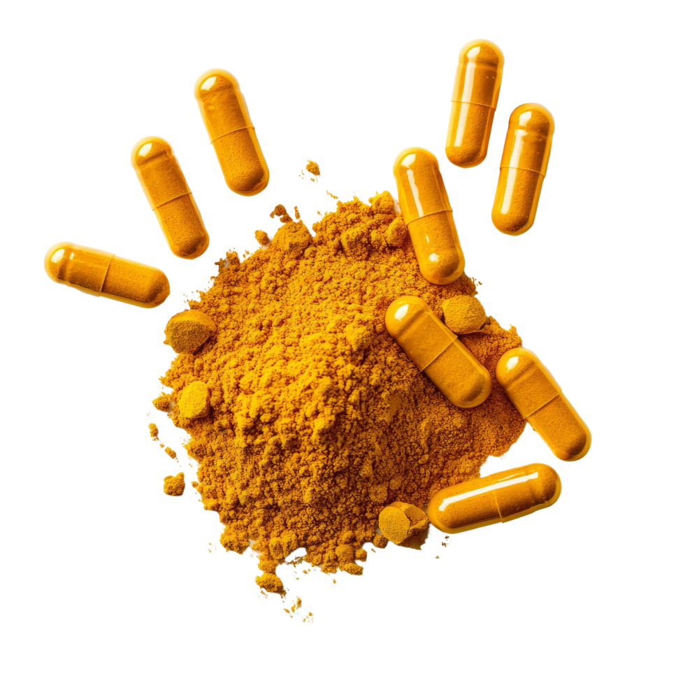 Turmeric powder and capsules arranged on a clean transparent surface showcasing natural health benefits, Turmeric powder and turmeric capsules on transparent background png