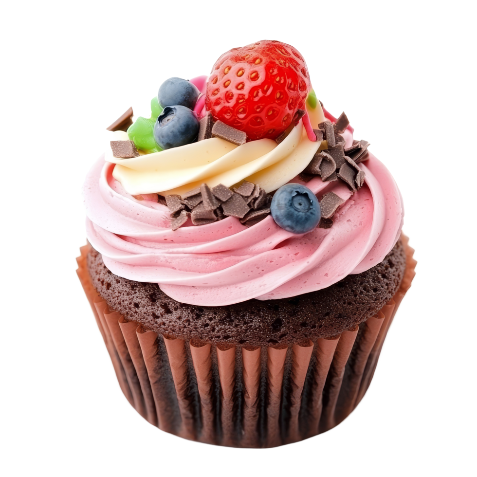 Freshly baked cupcake with vibrant frosting, topped with strawberries and blueberries on a transparent background, fresh cup cake isolated on transparent background png