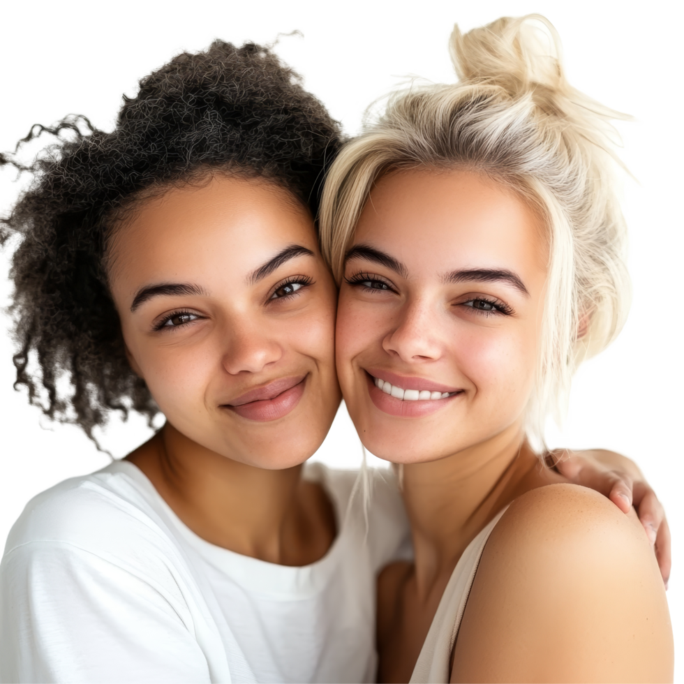 Happy lesbian couple embracing joyfully while isolated on a transparent background, capturing genuine affection and love, happy lesbian women isolated on transparent png