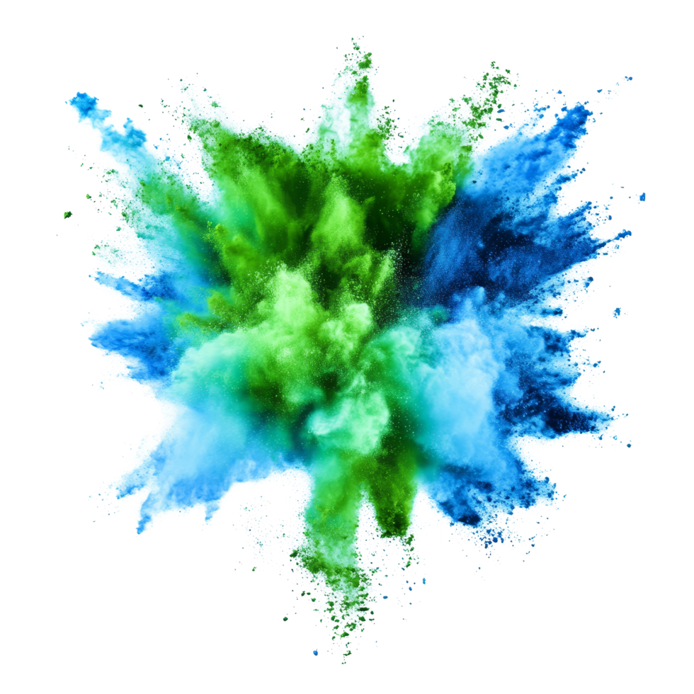 Vibrant neon green and blue color powder explosion creating a dynamic cloud effect, neon green and blue color powder pulver explosion isolated on transparent background png