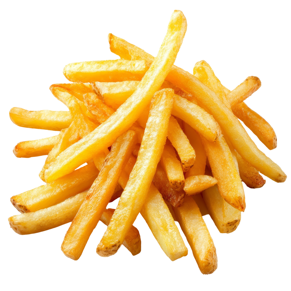 Crispy, golden French fries served in a generous portion on a clean transparent background, French fries isolated on transparent background png
