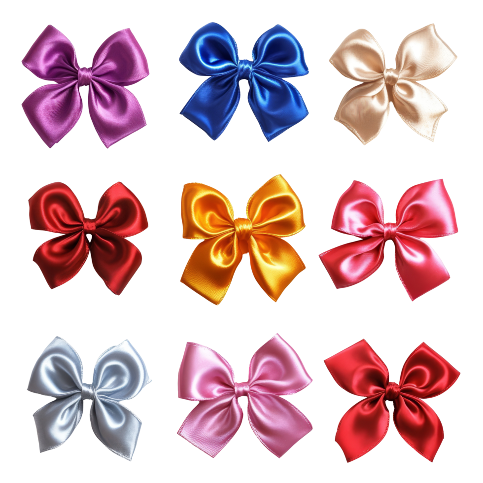 A vibrant collection of colored ribbon bow flowers arranged beautifully on a smooth transparent background, colored ribbon bow flowers isolated on transparent background png