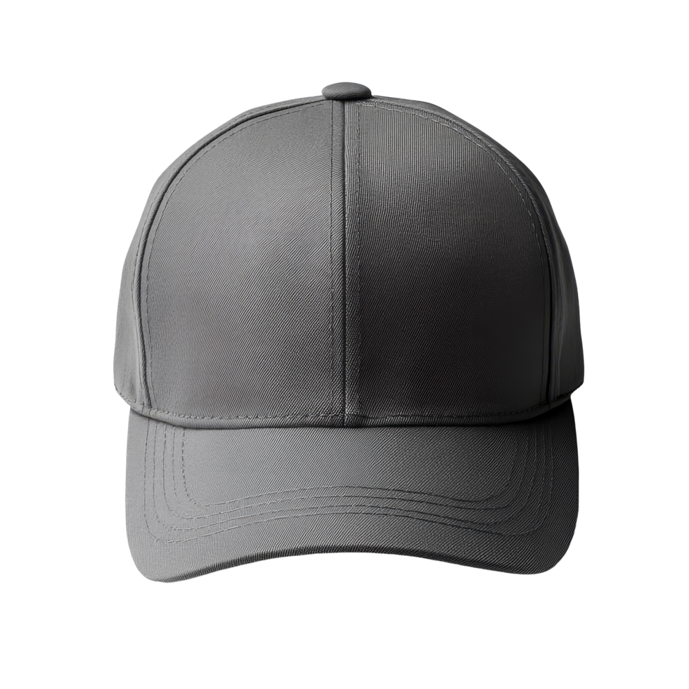 Grey baseball cap mockup displayed from the front, isolated on a transparent background for design purposes, grey baseball cap mockup front view, file of isolated object with shadow on transparent background png