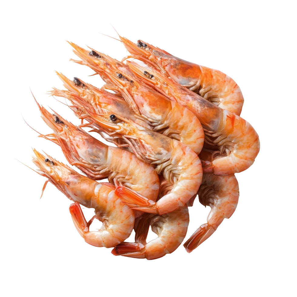 Boiled shrimp arranged on a transparent background showcasing fresh seafood delicacy, Boiled shrimp isolated on transparent background png