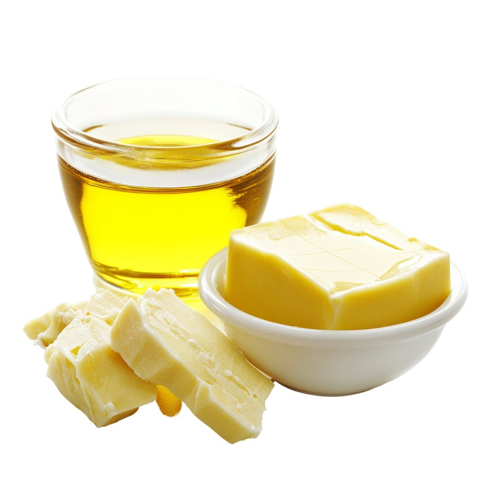 A bowl of butter margarine and a glass container of oil on a transparent background for culinary uses, Butter, margarine and oil isolated Stock Photo png