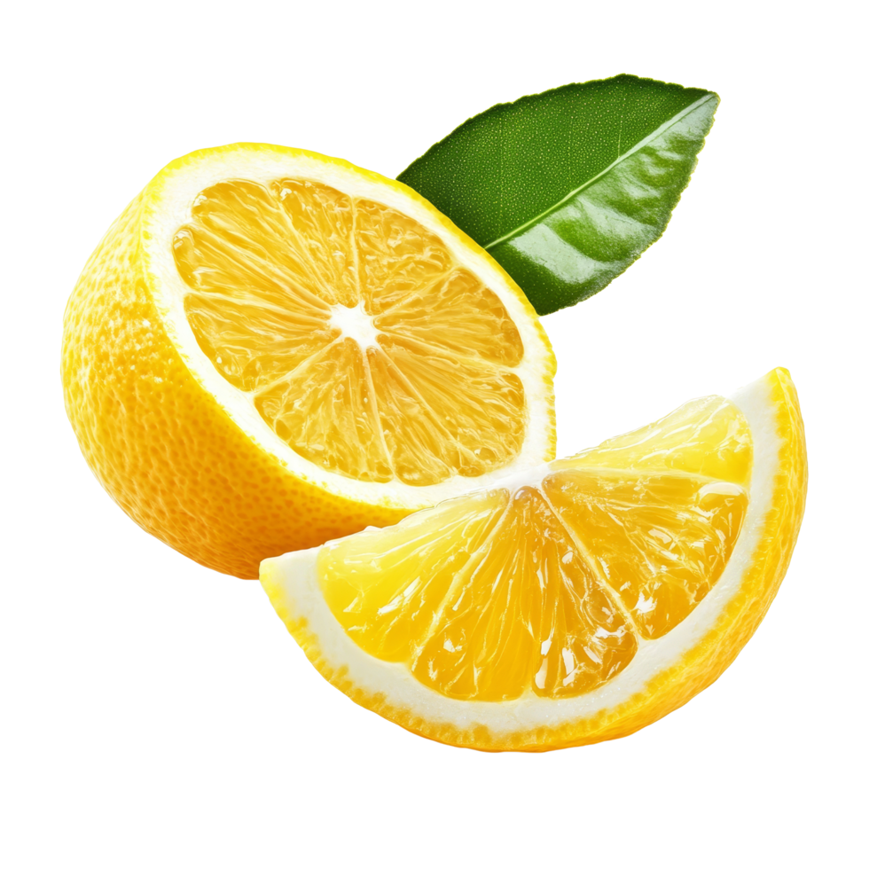 Fresh lemon and a cut half slice with a leaf isolated on a transparent background for culinary use or decoration, Lemon and cut half slice with leaf isolated on transparent background png