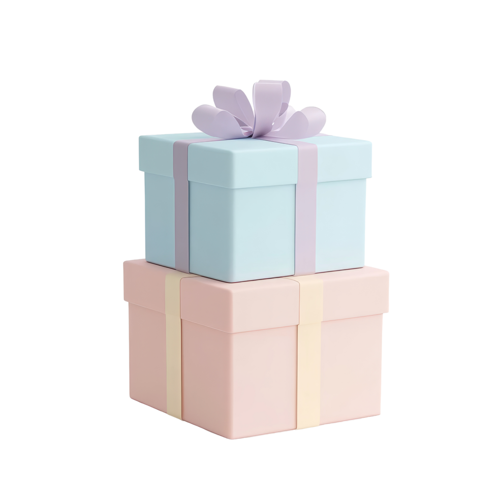 Two pastel gift boxes stacked on a transparent background with a decorative ribbon on top, 3 Gift boxes 3d render pastel color isolated on transparent background png