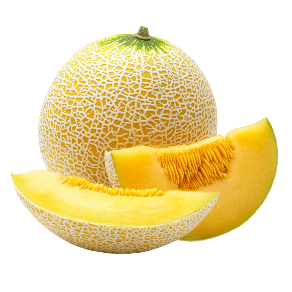 Fresh yellow cantaloupe melon cut into slices on a clean transparent background ready for summer enjoyment, yellow cantaloupe melon on transparent background png