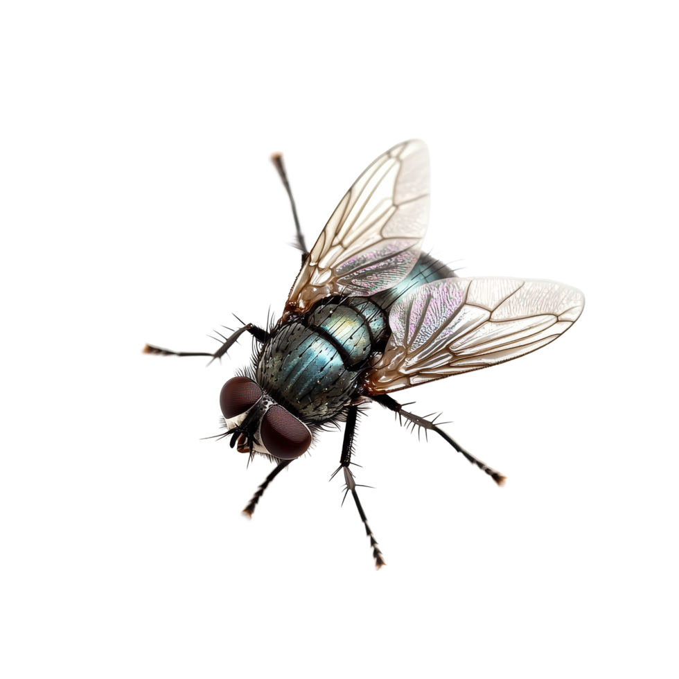 A close up view of a fly resting on a transparent background showcasing its iridescent body and delicate wings, Fly on transparent background png