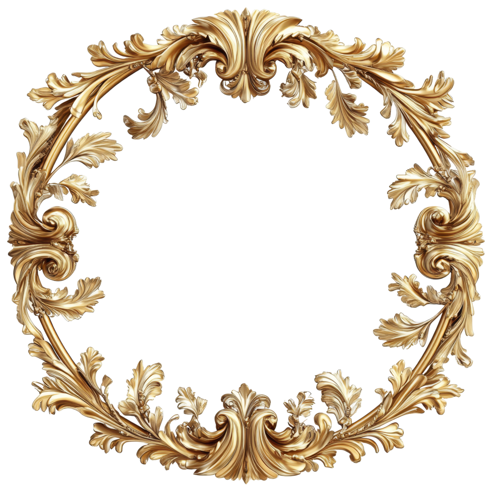 Classic baroque gold frame designed for artwork display with intricate leaf and scroll detailing, Gold frame for a picture in a classic baroque style on a transparent background png