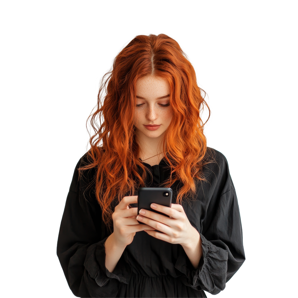 A young redhead in a black outfit focused on her phone against a clean transparent background, Redhead with Phone on transparent background png