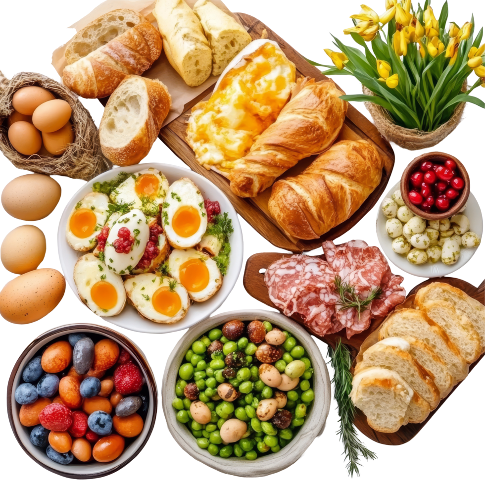 Easter breakfast spread featuring fresh eggs, savory breads, and vibrant spring greens on a transparent surface, easter food on transparent png