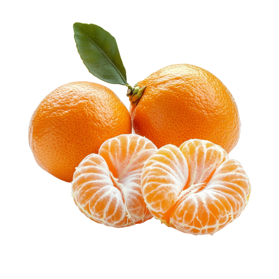 Fresh mandarin tangerines with a green leaf on a transparent background ready for consumption or culinary use, Mandarin, tangerine citrus fruit transparent isolated on transparent background png