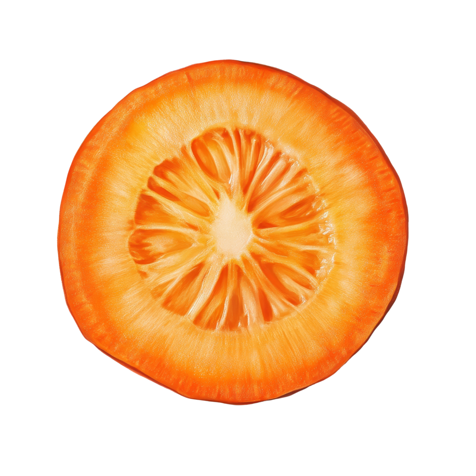 Freshly sliced carrot displayed on a clean transparent background highlighting its vibrant orange color and texture, Carrot slice top view isolated on transparent background png