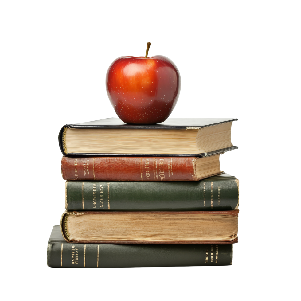 Stack of elementary school books topped with a shiny red apple on a transparent background for educational context, Elementary Book Stack with Apple Isolated on transparent Background Student life concept png