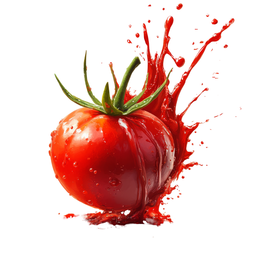 A ripe tomato bursting with vibrant sauce in a dynamic splash on a neutral background, tomato sauce splash png
