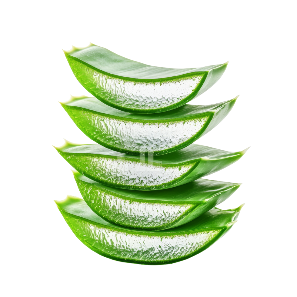 Freshly dissected aloe vera stacks isolated on a clean transparent background showcasing vibrant green layers, Fresh dissected aloe vera stacks isolated on transparent background png