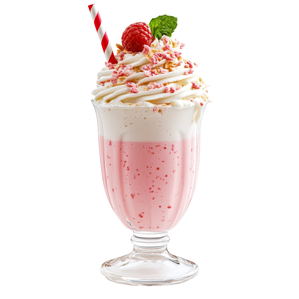 Creamy and refreshing milkshake topped with whipped cream and raspberries on a transparent background, Fresh delicious milkshake on a transparent background png