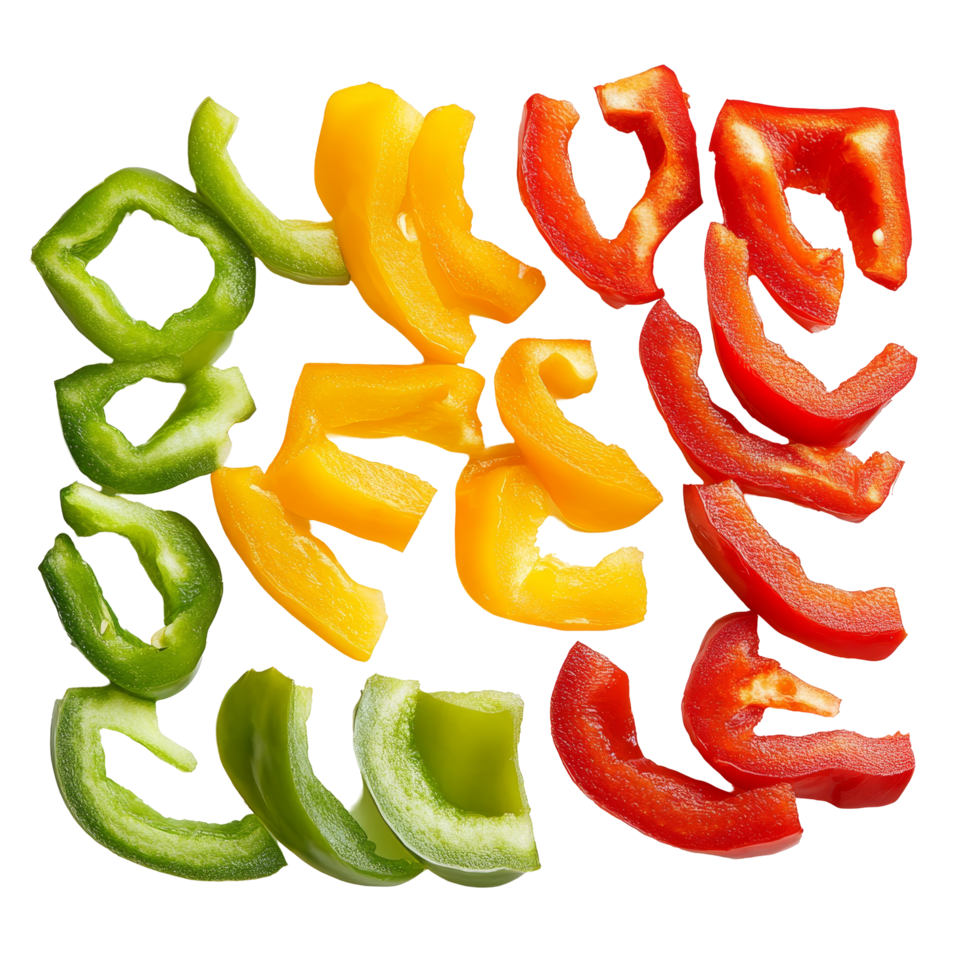 Sliced bell peppers in various colors arranged neatly on a transparent background for culinary presentation, pepper slices on transparent background png