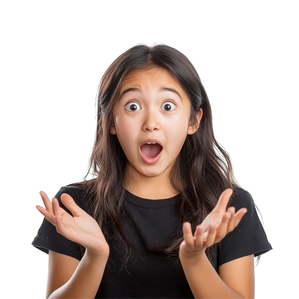 Young Asian teenage girl shows surprise and excitement in a bright indoor setting with a plain background, Young Asian teenage girl surprised and excited isolated transparent background png