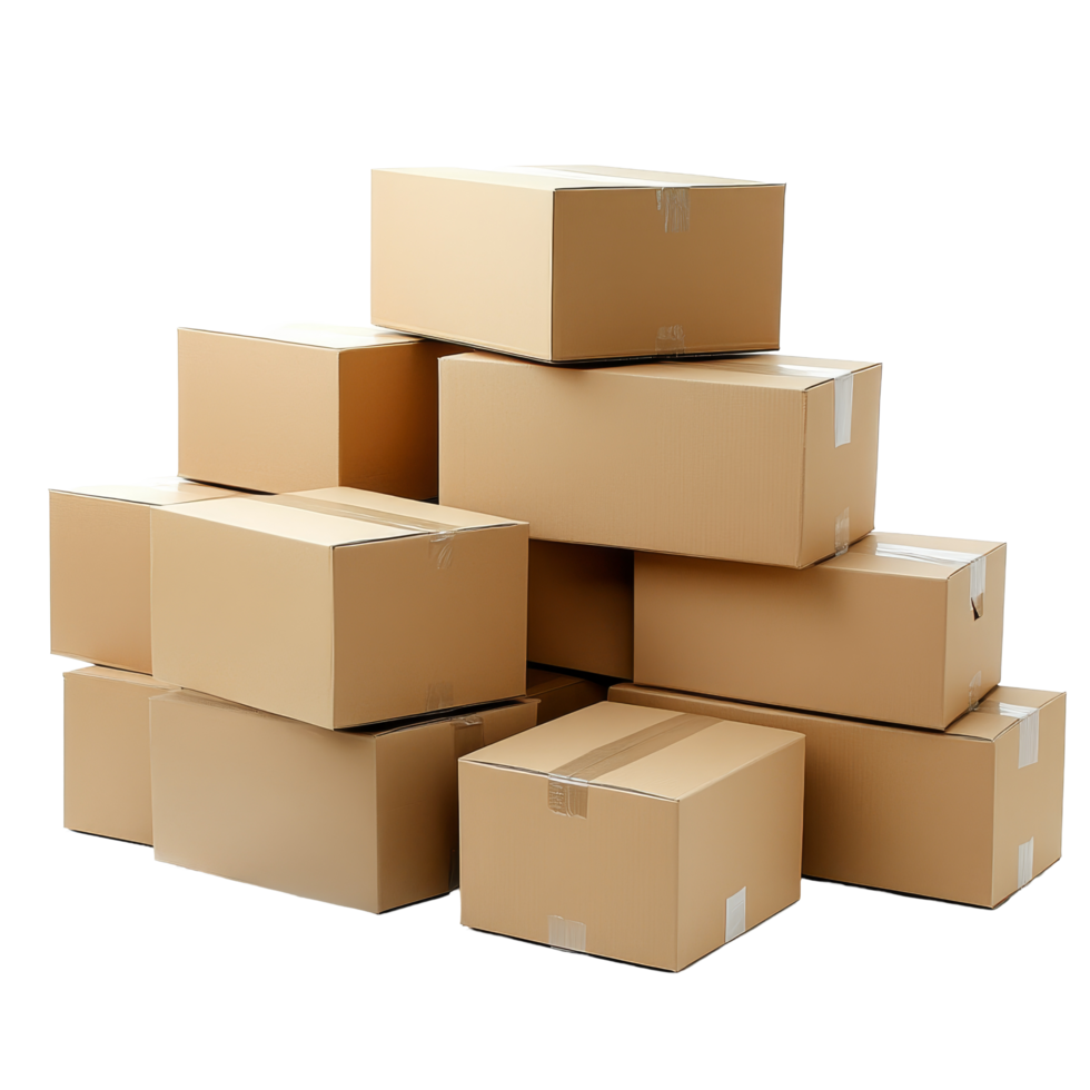 Cardboard boxes stacked on a transparent background showcasing different sizes and arrangements for packing and shipping, cardboard boxes on transparent background png