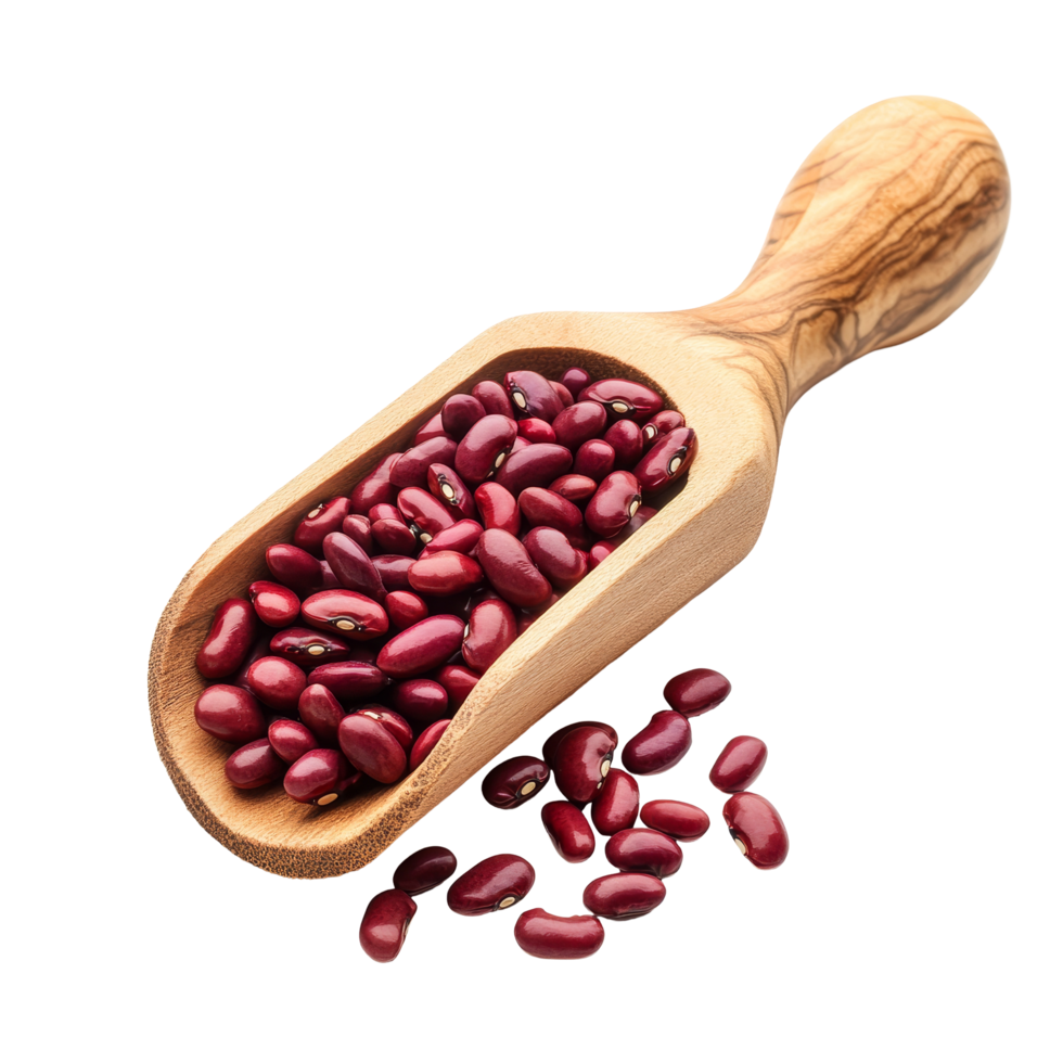 Fresh red beans in a wooden scoop resting on a plain transparent background ready for cooking or baking, Red beans on wooden scoop isolated on transparent background png