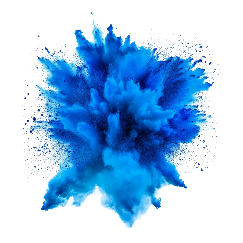 Vivid blue color explosion isolated against transparent background with dynamic splashes, blue color explosion isolated on transparent background png