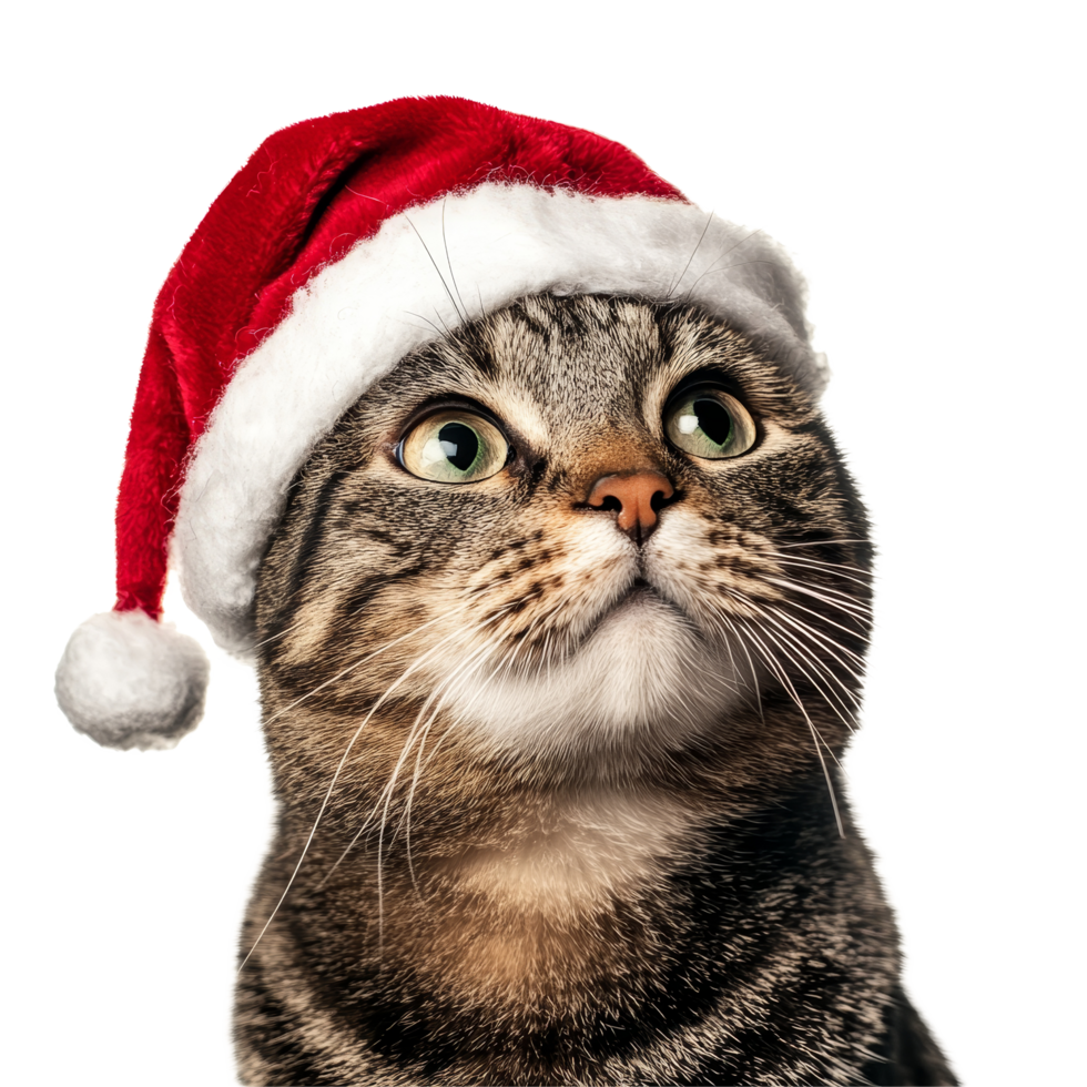 A festive cat wearing a Christmas hat poses against a transparent background, embodying holiday cheer and warmth for the season, Cat wearing a christmas hat isolated on transparent background png