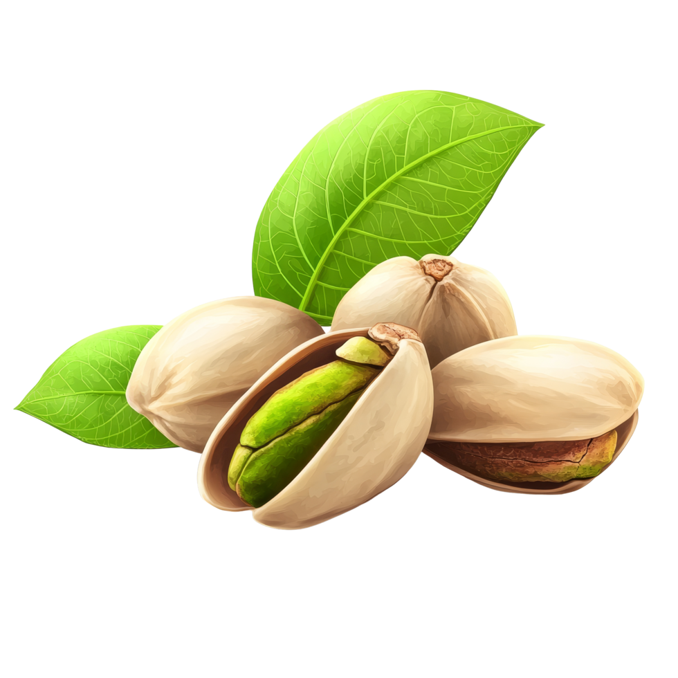 Fresh pistachio nuts with vibrant green leaves isolated on a clean transparent background, Pistachio nuts with leaf isolated on transparent background png