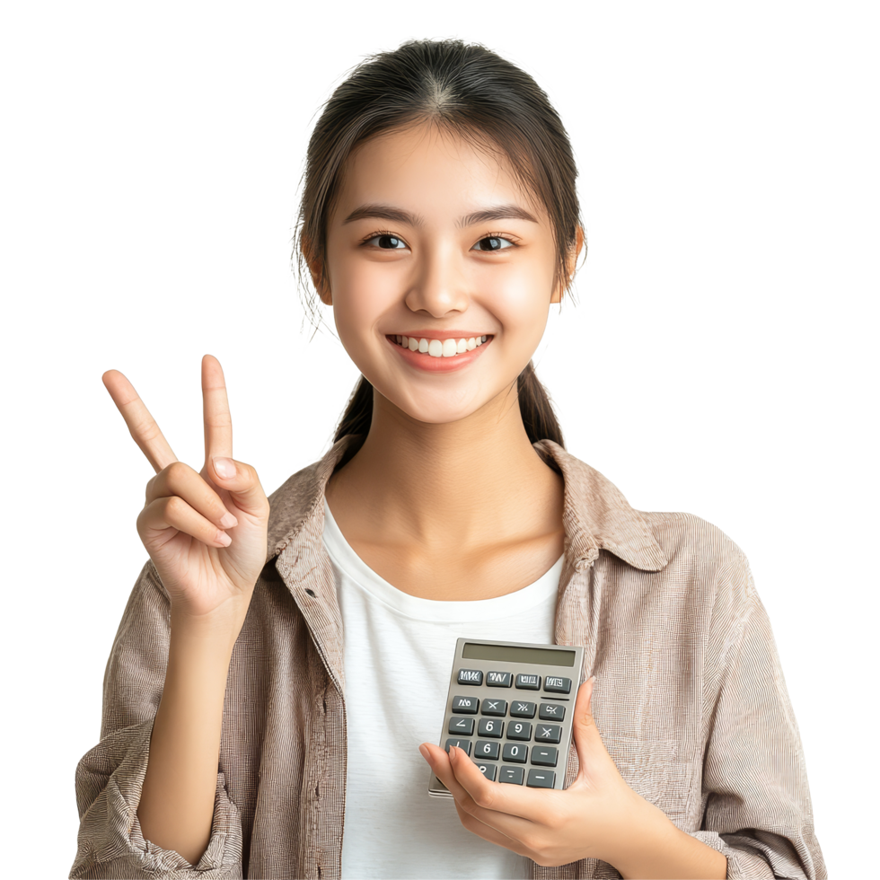 Young Asian woman smiles while holding a calculator and making an OK hand gesture, Young Asian woman feel happy with OK hand signal hold in hands calculator isolated transparent background png