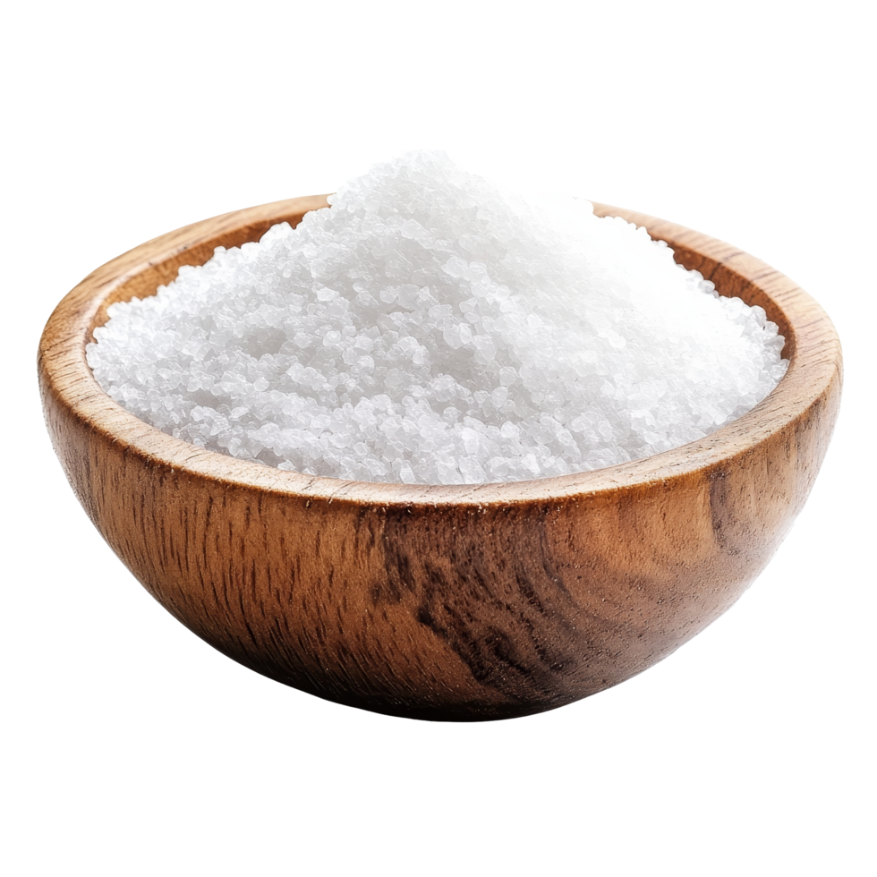 Fine salt in a wooden bowl on a clean transparent background showcasing a simple and natural presentation, Salt in wood bowl isolated on transparent background png