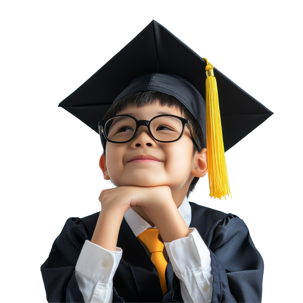 Joyful Asian graduate wearing a cap and gown reflects on future aspirations in a bright studio setting, Happy Asian school kid graduate in graduation cap thinking isolated transparent background png