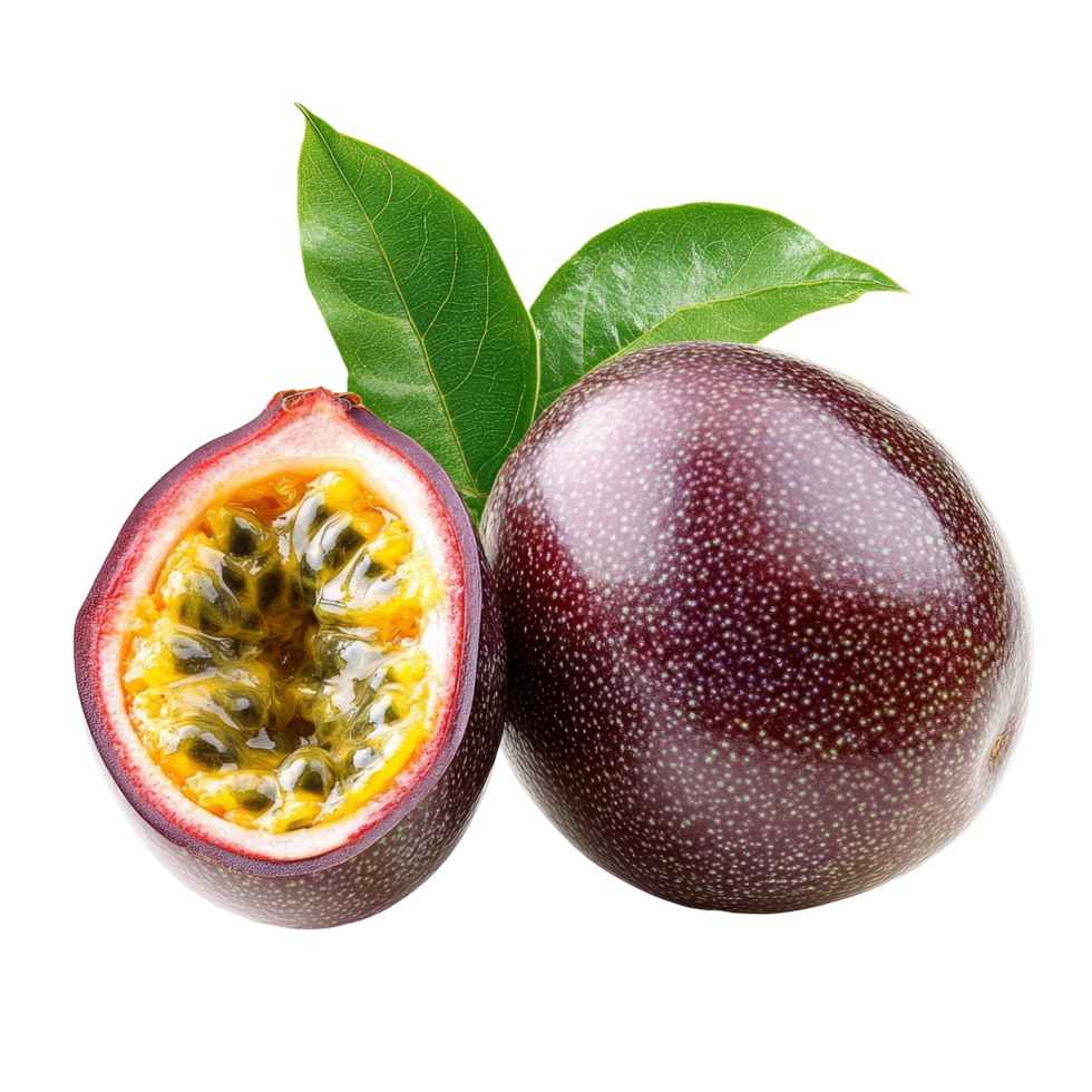Fresh passion fruit, showcasing vibrant interior and rich texture against a clean transparent background, Passion fruit on transparent background png
