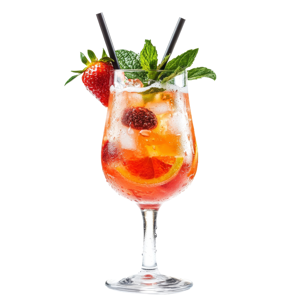 Refreshing summer cocktail garnished with strawberries and mint leaves against a transparent background, summer cocktail isolated on transparent background png