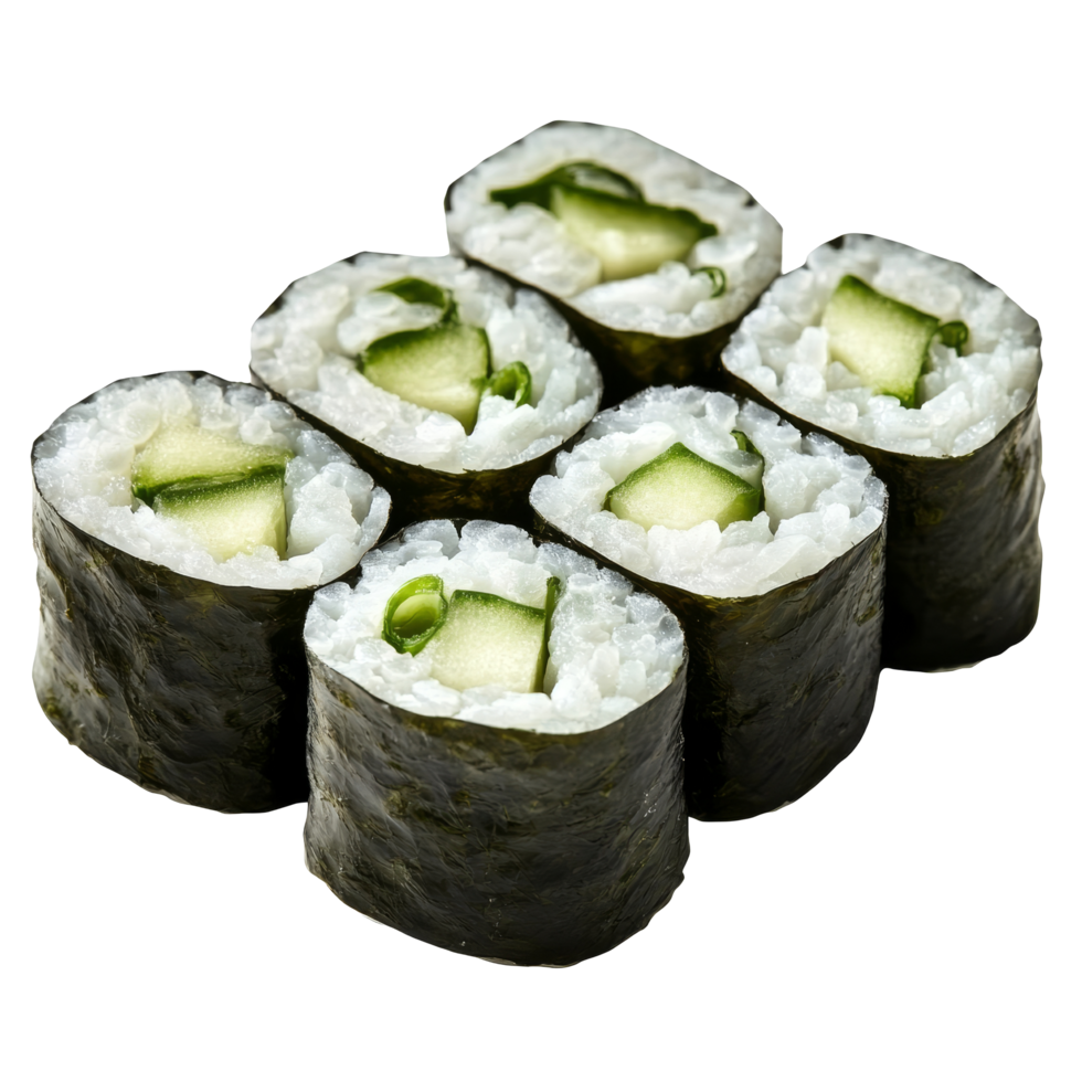 Uncut cucumber maki sushi rolls arranged neatly on a clean transparent background perfect for culinary presentations, Portion of uncut cucumber maki sushi rolls png