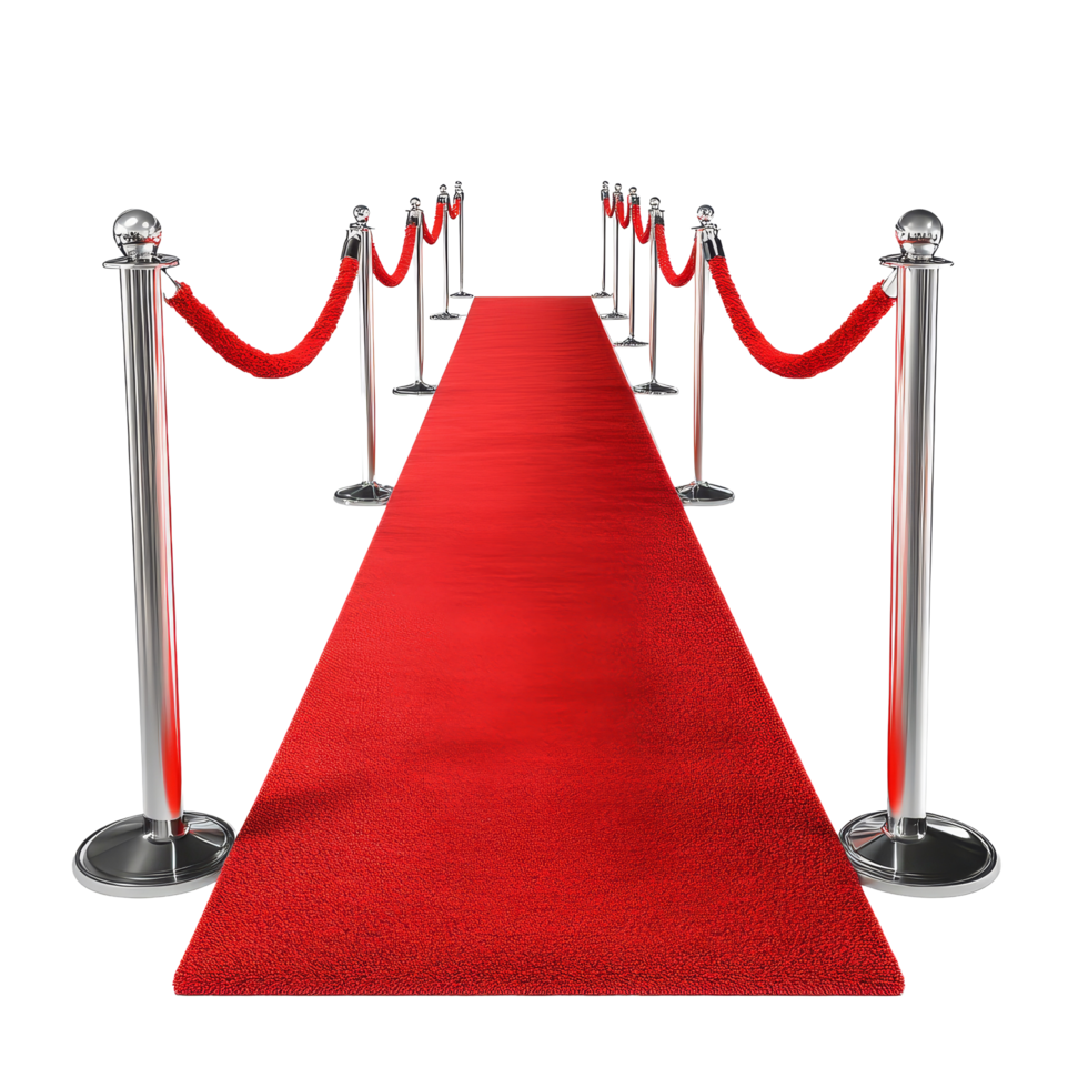 Elegant red carpet setup for a prestigious event with velvet ropes and polished stanchions illuminating luxury, red carpet, file of isolated object with shadow on transparent background png