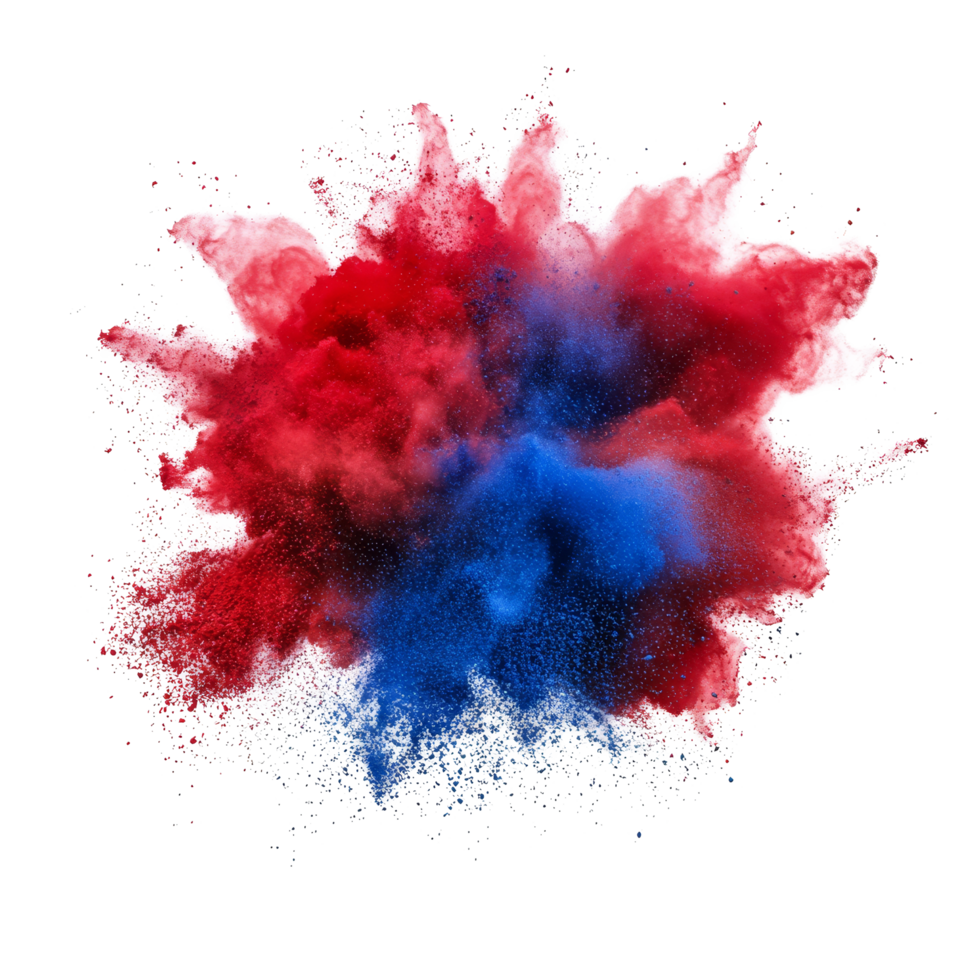Colorful explosion of red and blue powder creating a vibrant cloud against a transparent background, red and blue color powder pulver explosion isolated on transparent background png