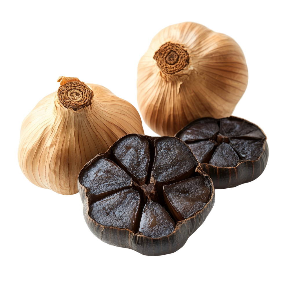 Black garlic cloves and bulbs arranged on a transparent background showcasing their unique appearance, Black garlic on transparent background png