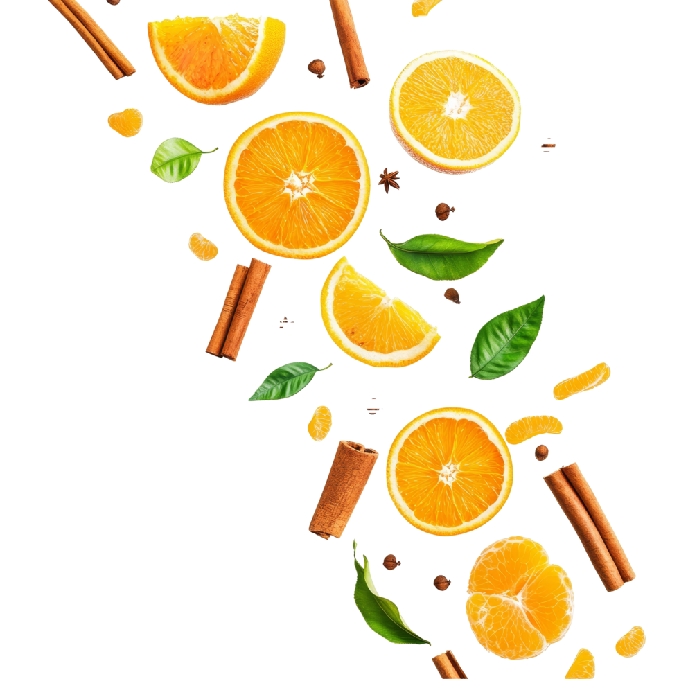Fresh oranges and aromatic cinnamon scattered with green leaves on a transparent background in an artistic arrangement, falling oranges and cinnamon with leaves isolated on transparent background png
