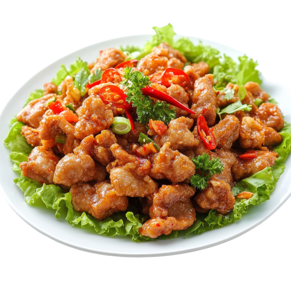 Delicious fried pork with chili served on crisp lettuce, a popular Thai culinary delight, fried pork with chili thailand food on transparent background png