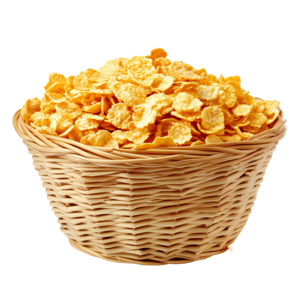 A woven basket filled with corn flakes isolated against a transparent background, perfect for breakfast and snacking at any time, corn flakes in basket isolated on transparent background png
