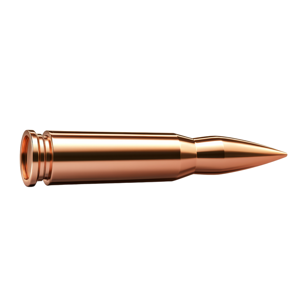 Speeding bullet in side view isolated on a transparent background showcasing its streamlined design and metallic sheen, Speeding Bullet Side View Isolated on transparent background png