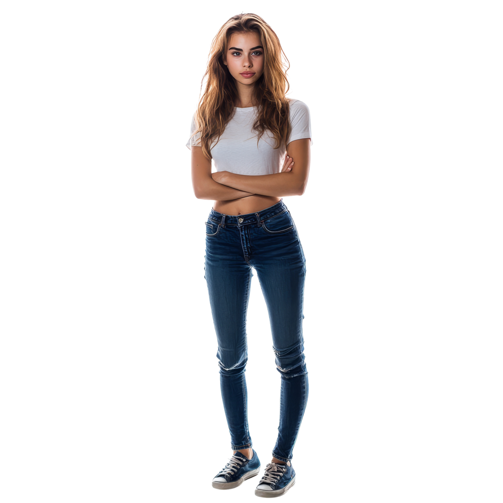 Jeune femme dans décontractée jeans et une transparent chemise permanent en toute confiance contre une transparent arrière-plan, Jeune jolie femme dans jeans isolé sur transparent Contexte png