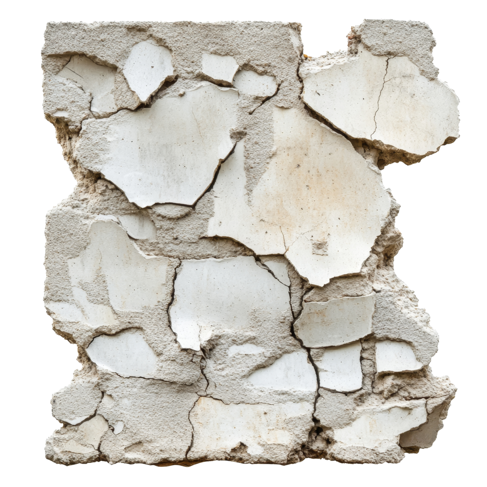 Broken concrete cement wall with peeling plaster isolated on a transparent background, broken concrete cement wall, isolated background png