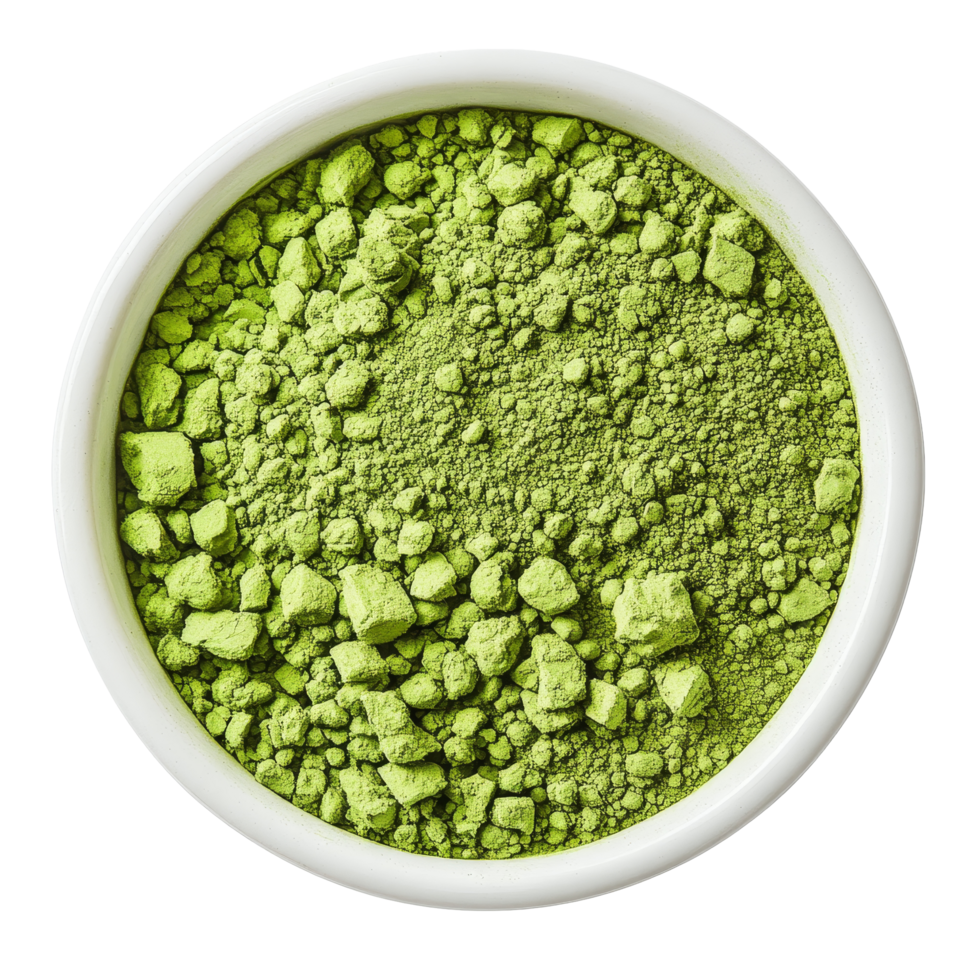 Top view of vibrant green matcha tea powder in a transparent bowl on a clean transparent background, Matcha tea top view transparent background png
