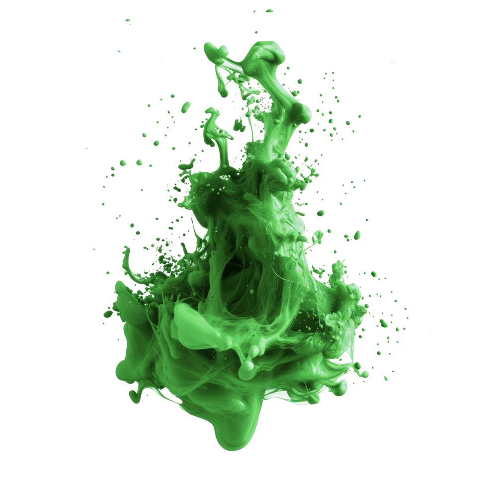 Vibrant green ink splash isolated on a clean transparent background revealing intricate patterns and textures, green ink splash isolated on transparent background png